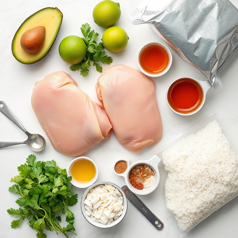 Raw chicken, avocado, lime, cilantro, rice with measuring cups and spoons on white marble surface