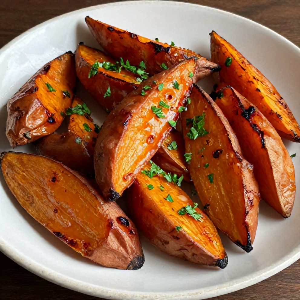 One plated serving of honey roasted sweet potatoes garnished with fresh parsley on a rustic white plate