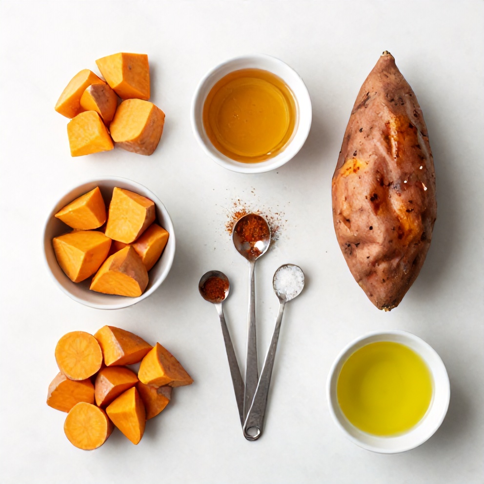 Overhead flat lay of raw sweet potatoes, honey, cinnamon, paprika, olive oil in prep bowls and measuring spoons on white marble surface