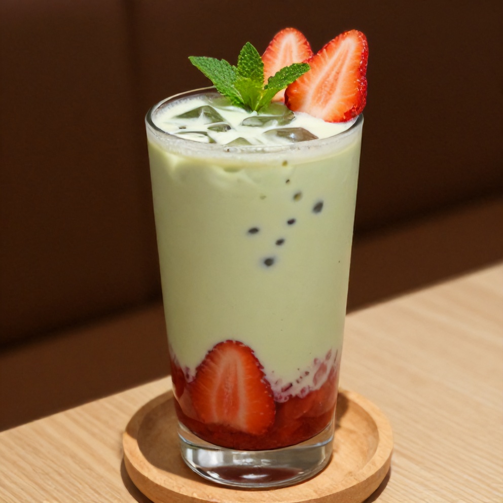 Close-up of iced matcha strawberry latte in a clear glass garnished with fresh strawberry slices and mint leaves