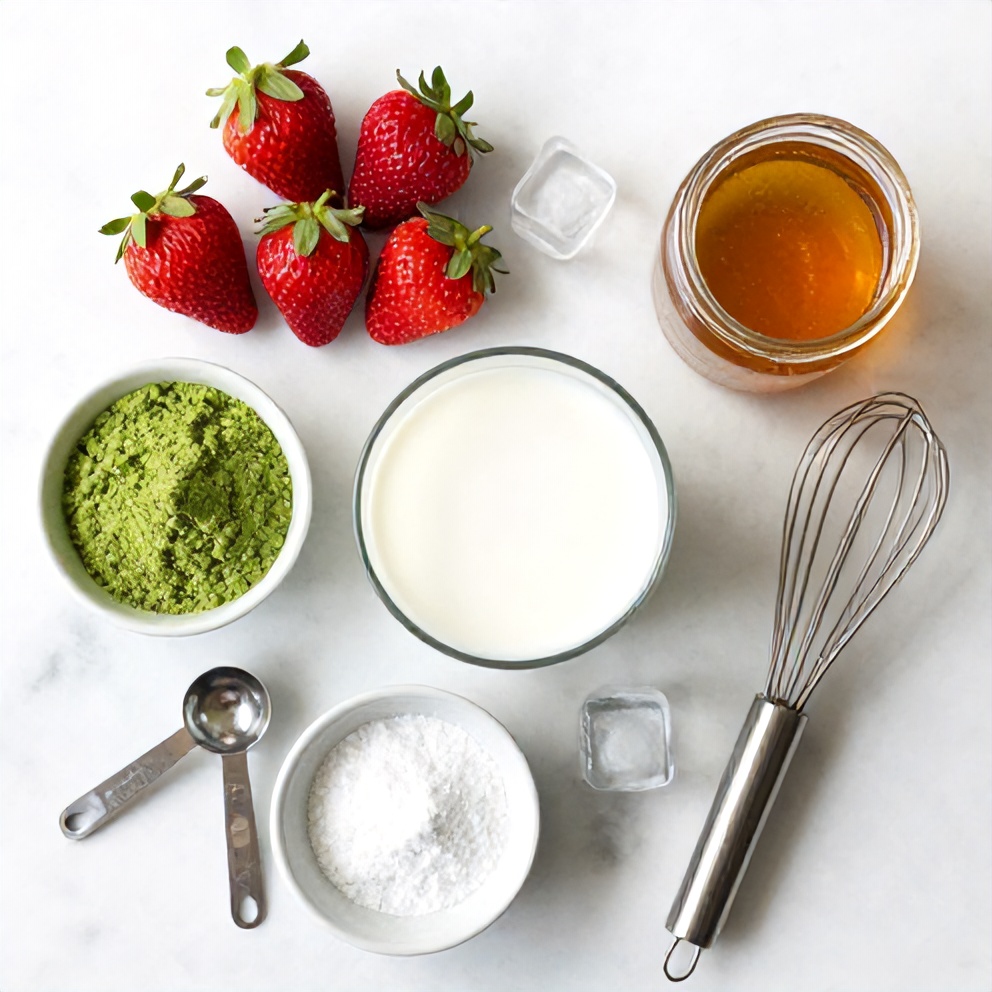 Overhead view of matcha powder, fresh strawberries, ice cubes, milk, and sweetener arranged with measuring spoons on light wood surface