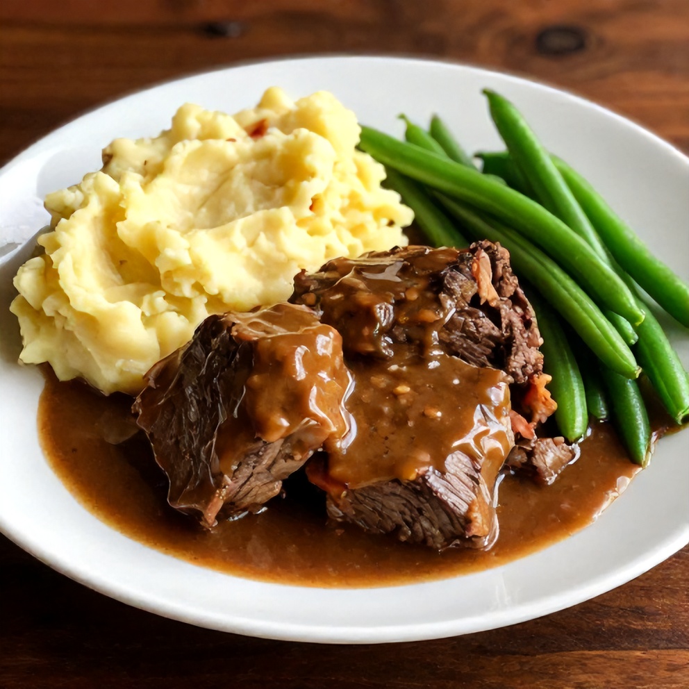Plated serving of Italian Pot Roast with mashed potatoes