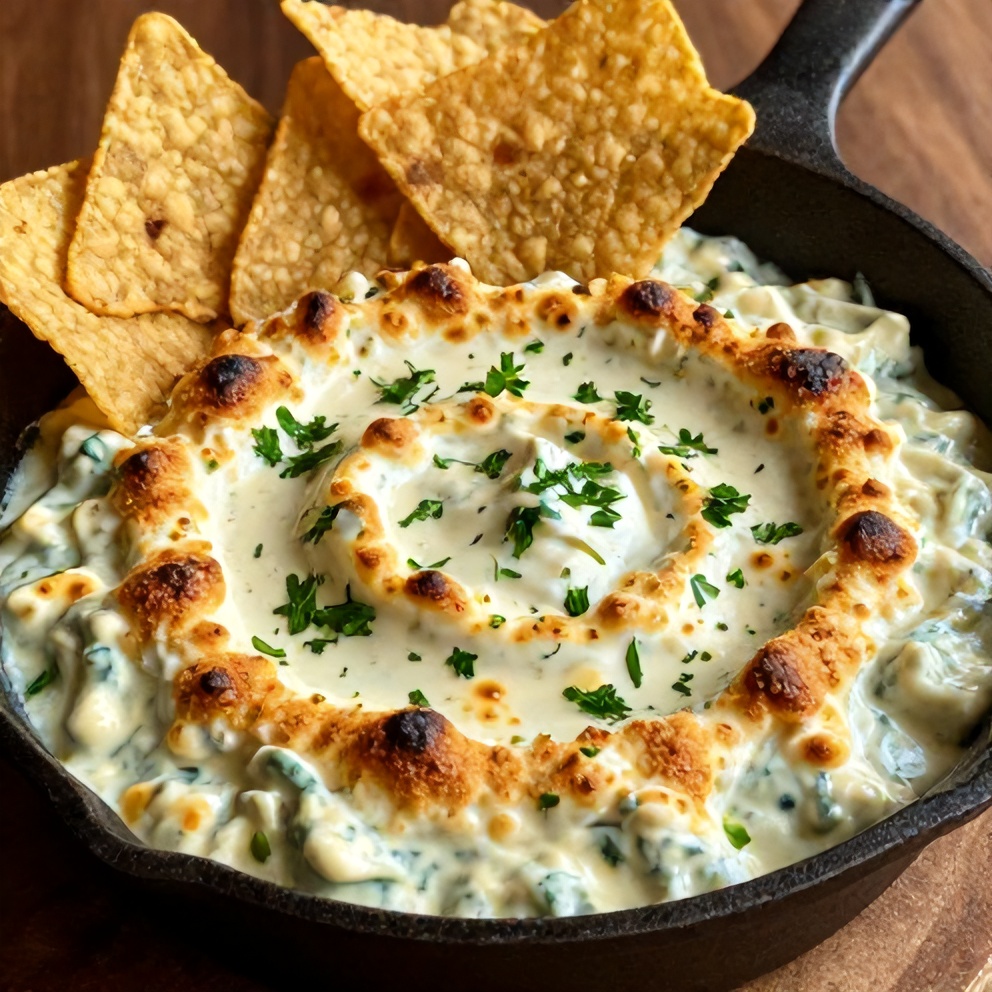 Jalapeño Spinach Artichoke Dip served in a cast iron skillet with tortilla chips