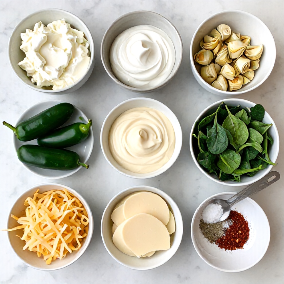 Raw ingredients for Jalapeño Spinach Artichoke Dip laid out on a white marble countertop