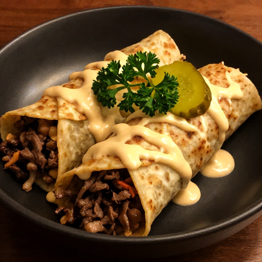 Plated Keto Beef Crunchwraps with Cheesy Sauce
