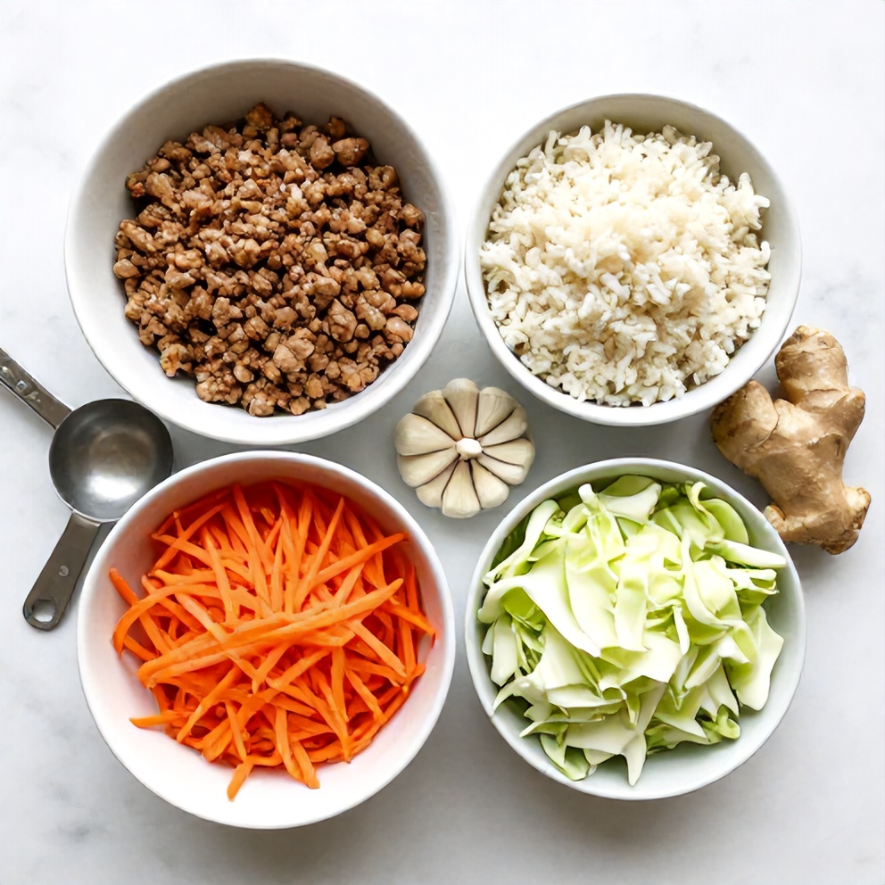 Keto Egg Roll in a Bowl ingredients including ground pork, cauliflower rice, and low carb soy sauce