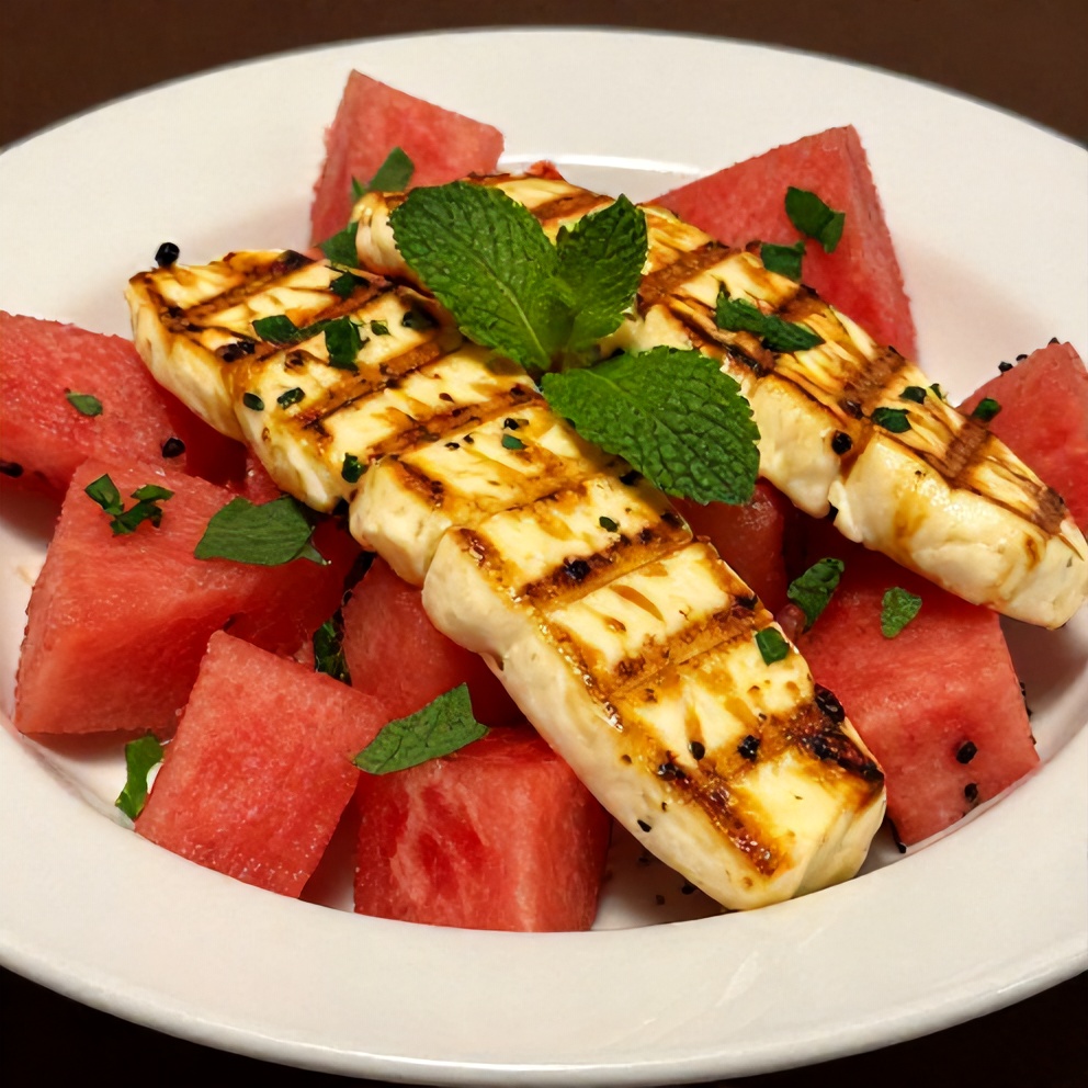 One serving of easy keto grilled halloumi and watermelon salad garnished with fresh mint on a white plate with warm side lighting