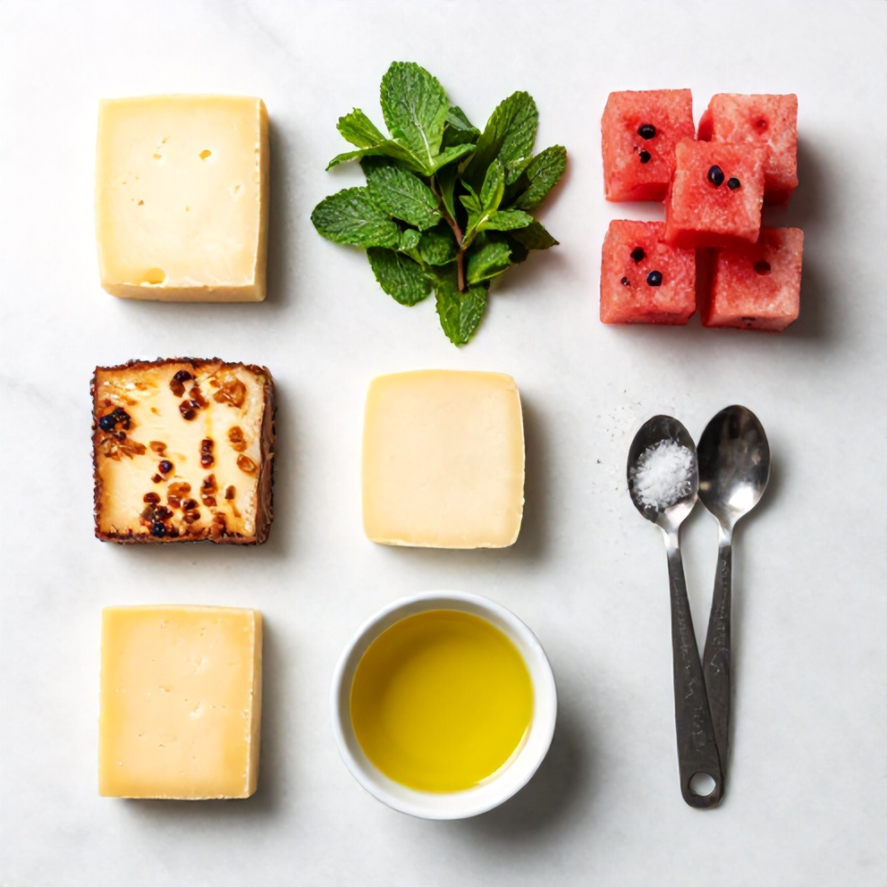 Overhead view of raw halloumi cheese, watermelon cubes, fresh mint leaves, olive oil, and spices with measuring spoons on white marble surface