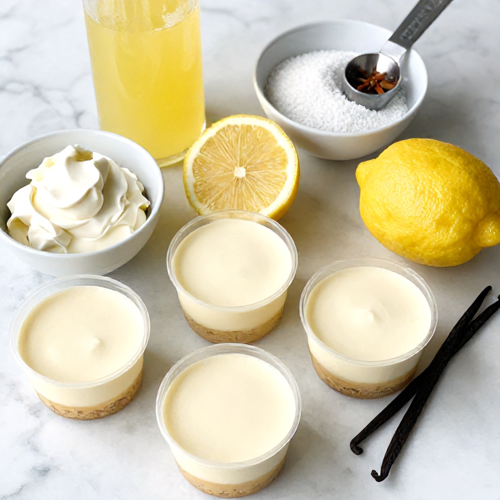 Raw ingredients for Keto No Bake Lemon Cheesecake Cups on a white marble surface