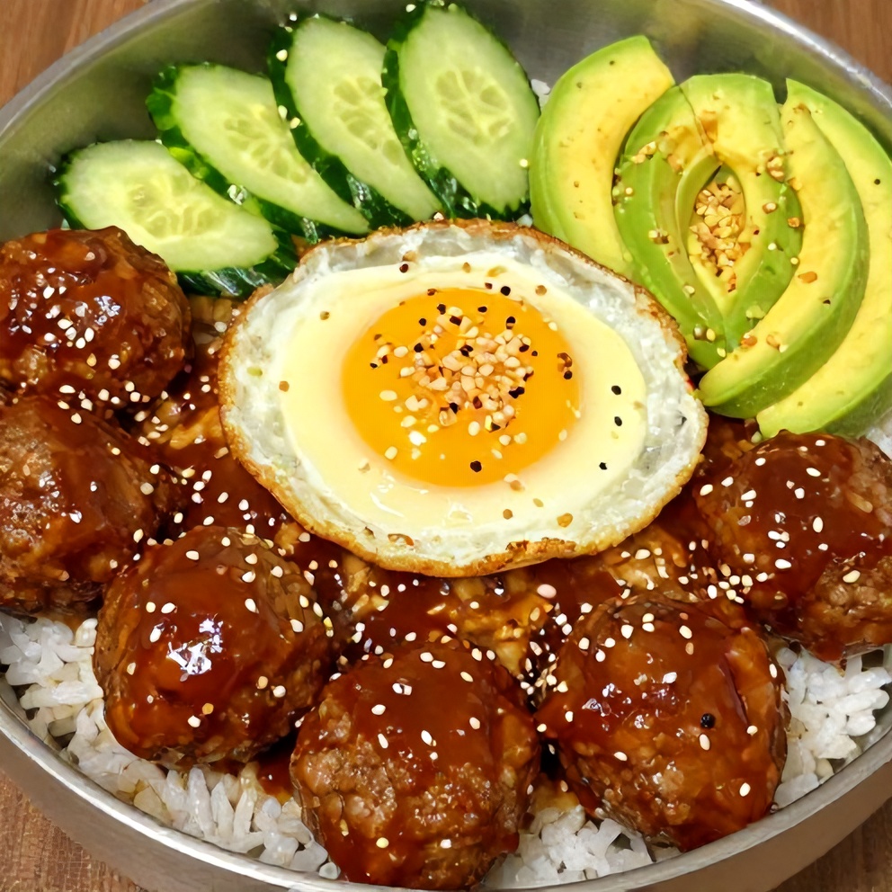 Korean BBQ Meatball Rice Bowls Final Dish
