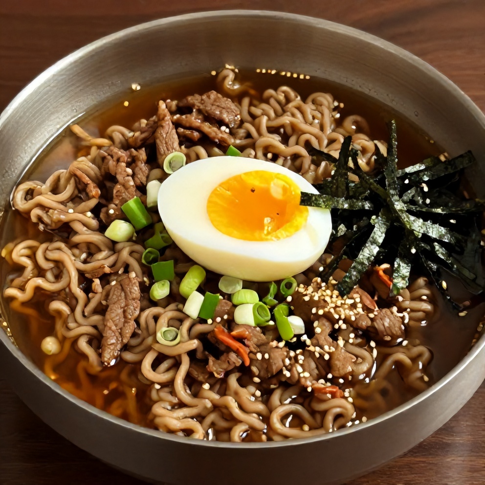 Finished Easy Korean Beef Ramen on a plate