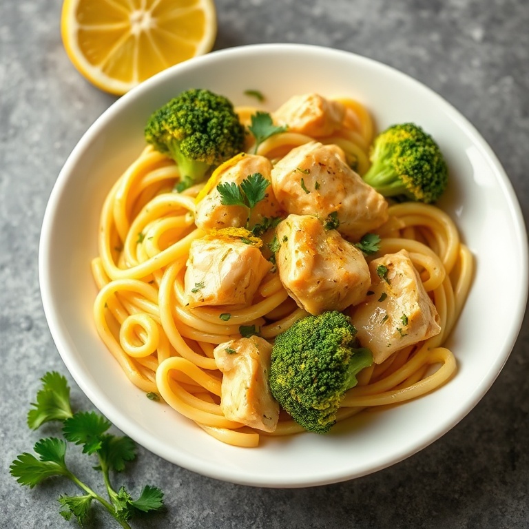 Creamy lemon butter chicken pasta with broccoli plated in white ceramic bowl, garnished with fresh lemon zest and chopped parsley, warm side lighting highlighting sauce sheen and broccoli texture