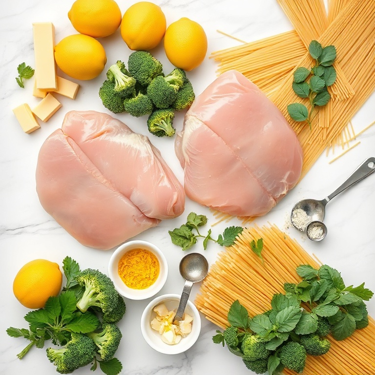 Overhead flat lay of boneless chicken breasts, broccoli florets, spaghetti pasta, unsalted butter, fresh lemons, garlic cloves, measuring spoons, small prep bowls on white marble surface