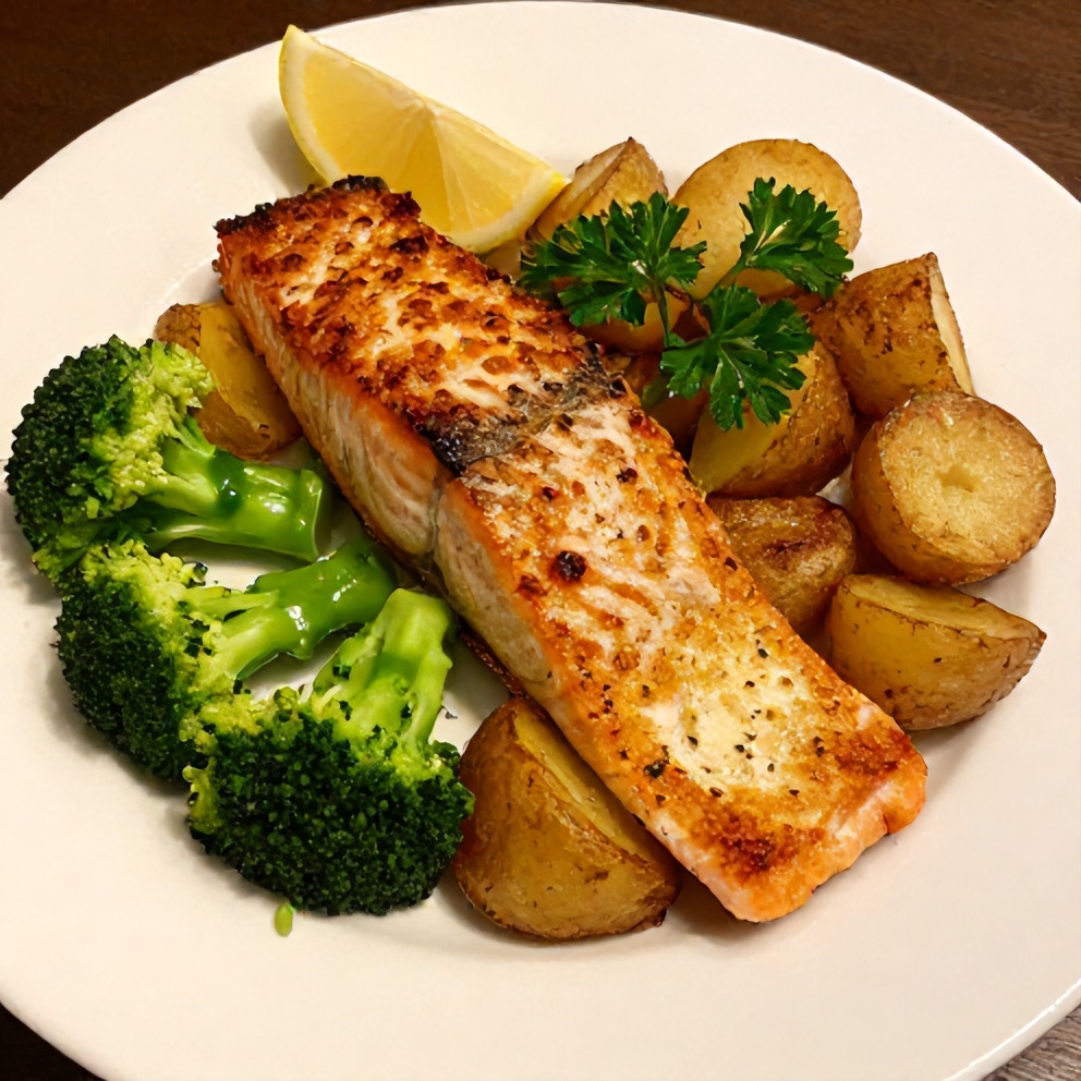 Plated crispy lemon butter salmon with crispy potatoes and broccoli