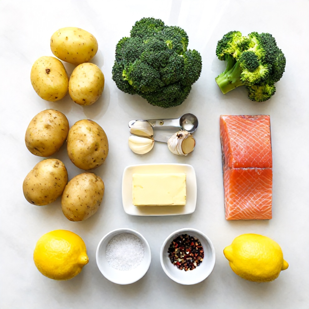 Raw ingredients for lemon butter salmon with potatoes and broccoli