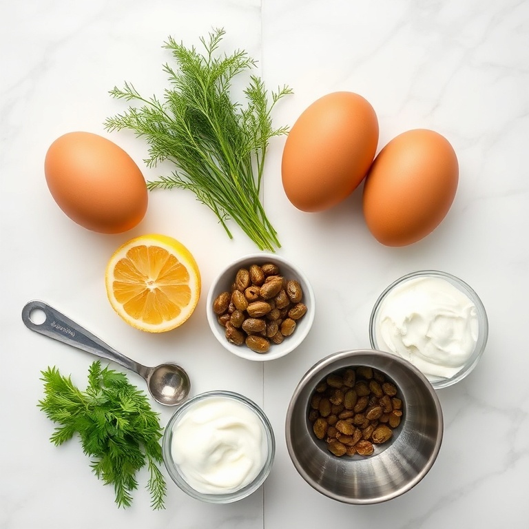 Overhead flat lay of large eggs, fresh dill, lemon, capers, and Greek yogurt on white marble with measuring spoons and small bowls
