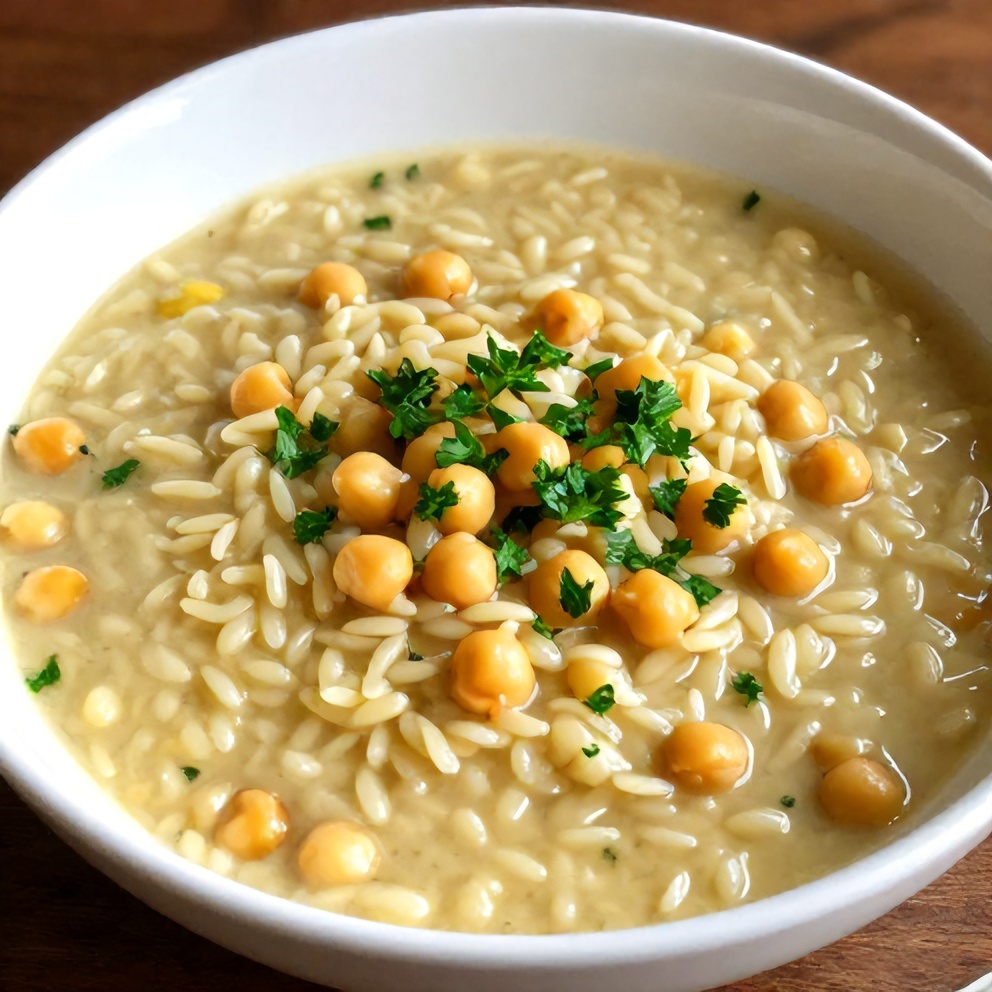 Lemon Chickpea Orzo Soup served with a lemon wedge