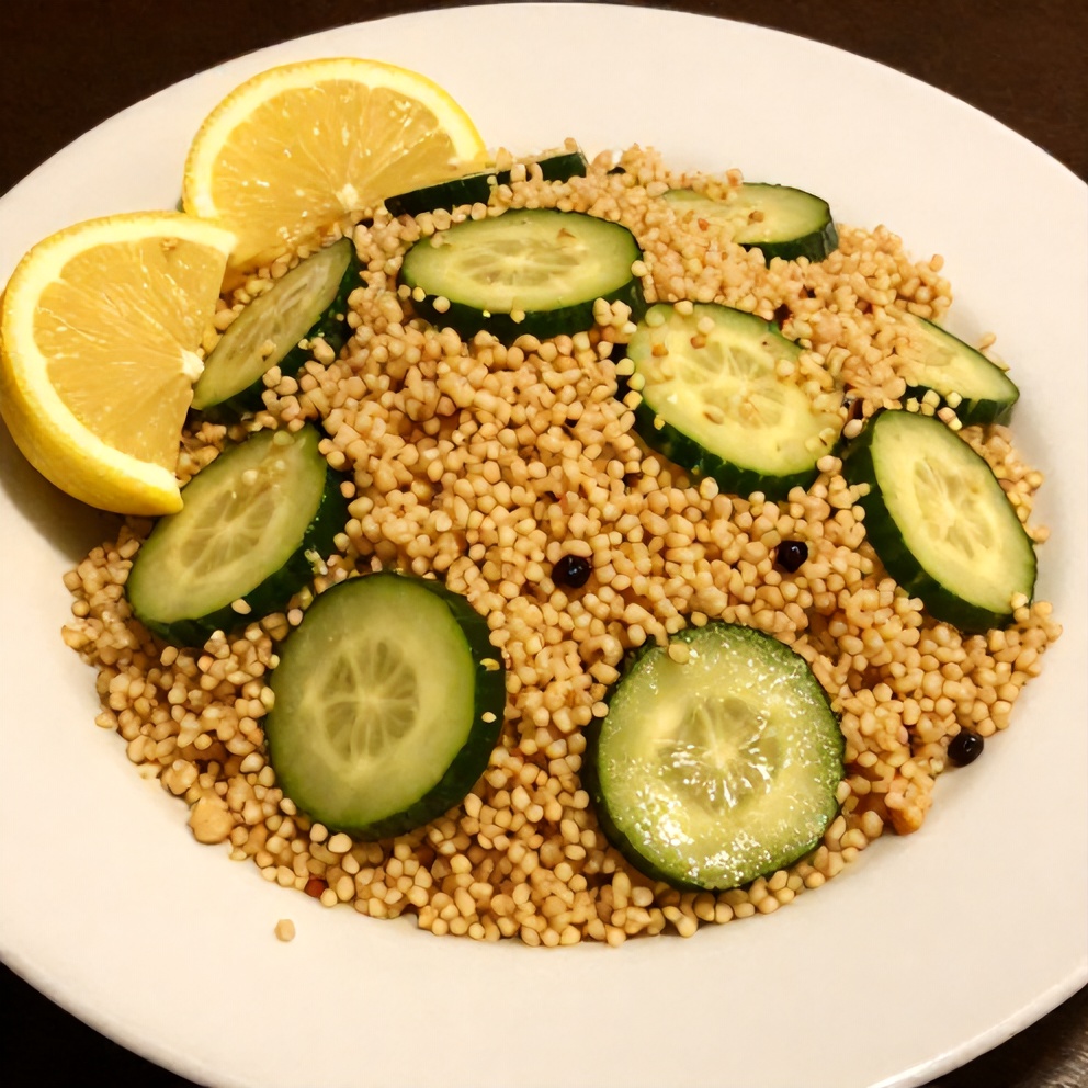 Plated Lemon Cucumber Couscous Salad with lemon wedges