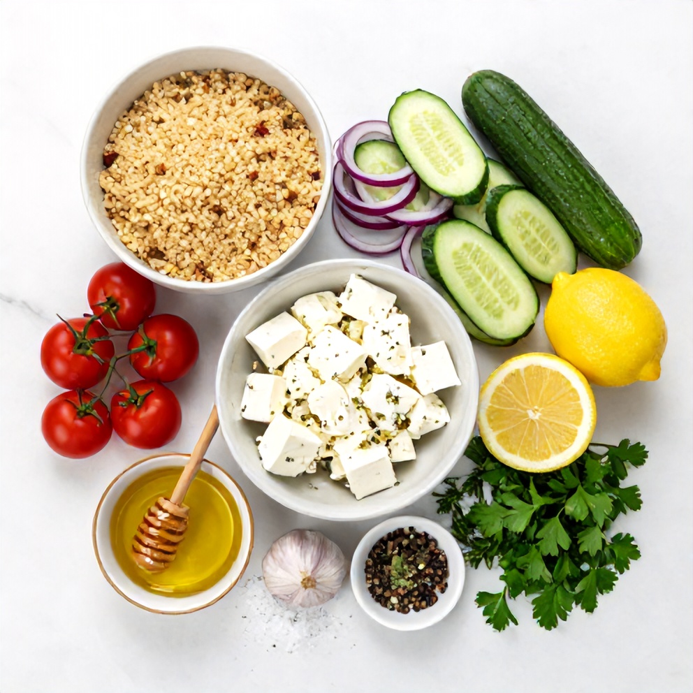 Raw ingredients for Lemon Cucumber Couscous Salad