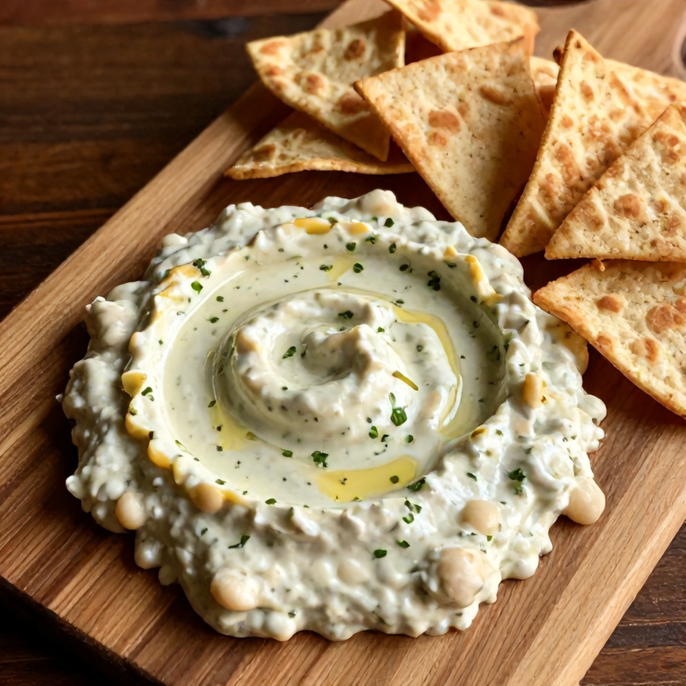 Lemon herb white bean dip served with pita chips on a wooden board