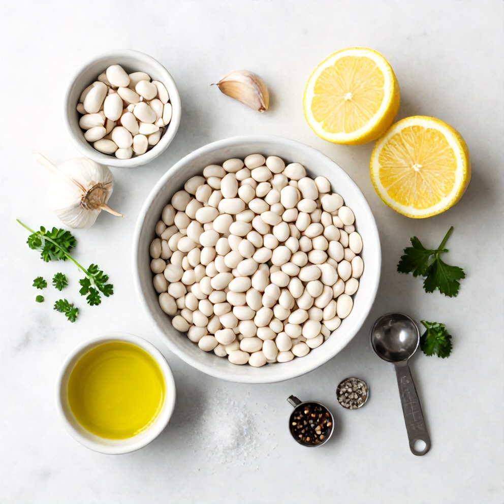 White beans, garlic, lemon, fresh herbs, olive oil, salt, and pepper arranged on a white marble surface