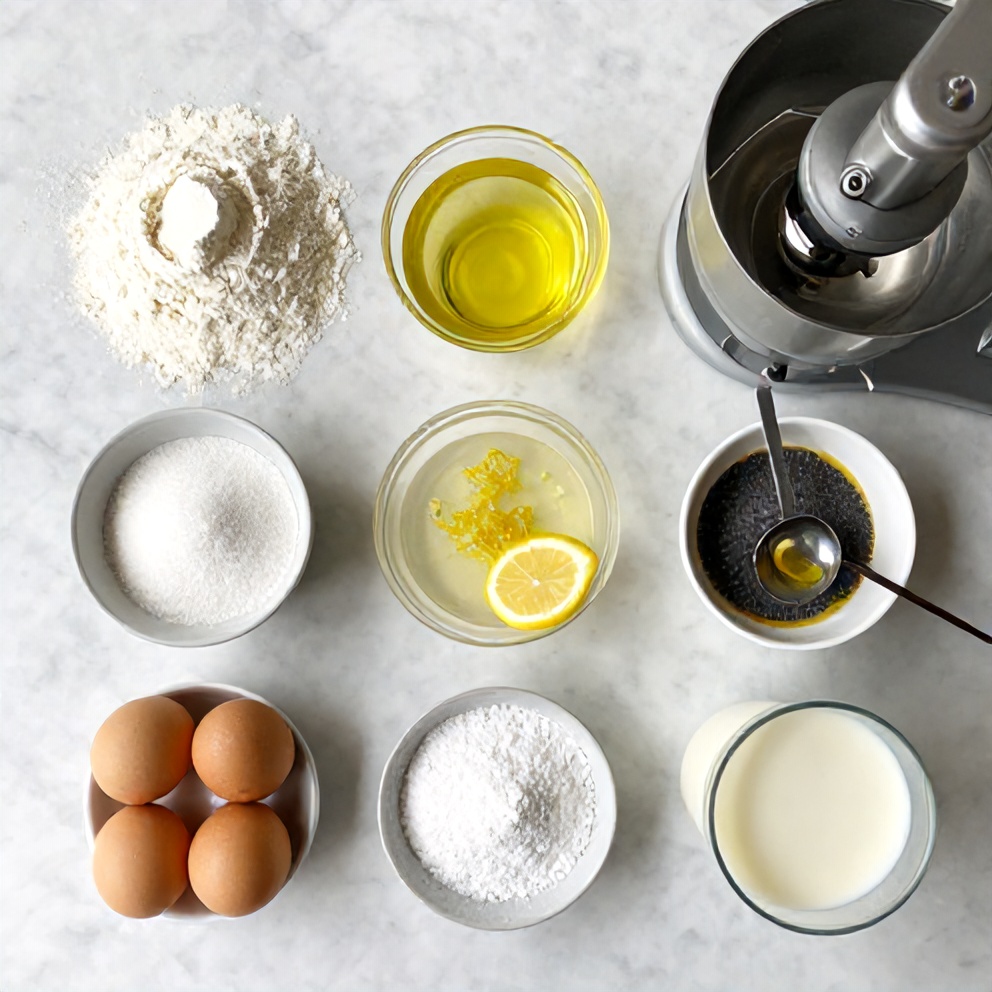 Raw ingredients for Lemon Poppy Seed Cake on a marble counter