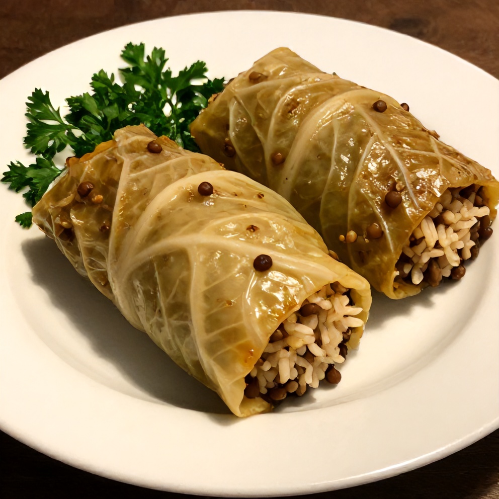 Plated lentil and rice stuffed cabbage rolls with a side of fresh parsley