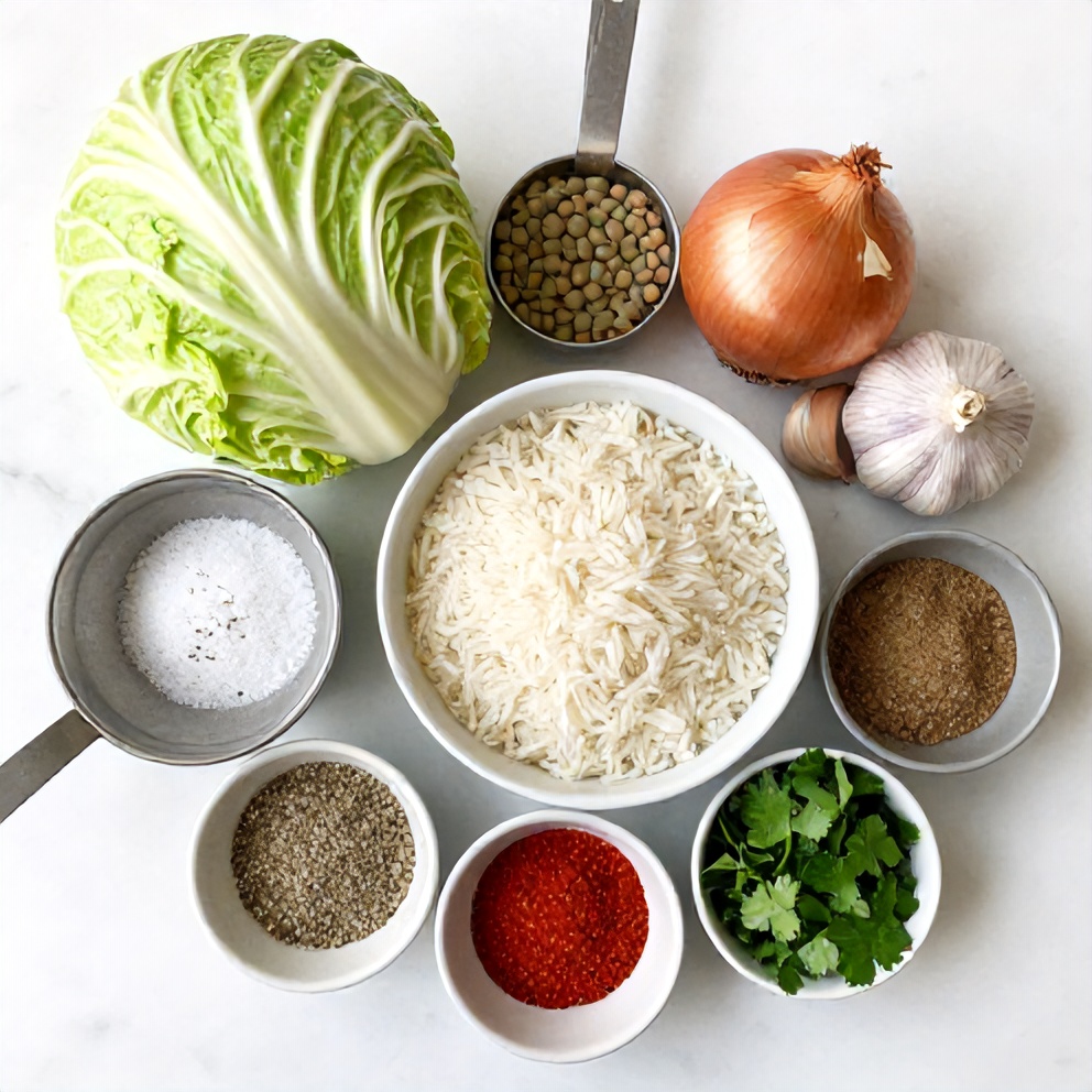 Ingredients for lentil and rice stuffed cabbage rolls on a marble surface