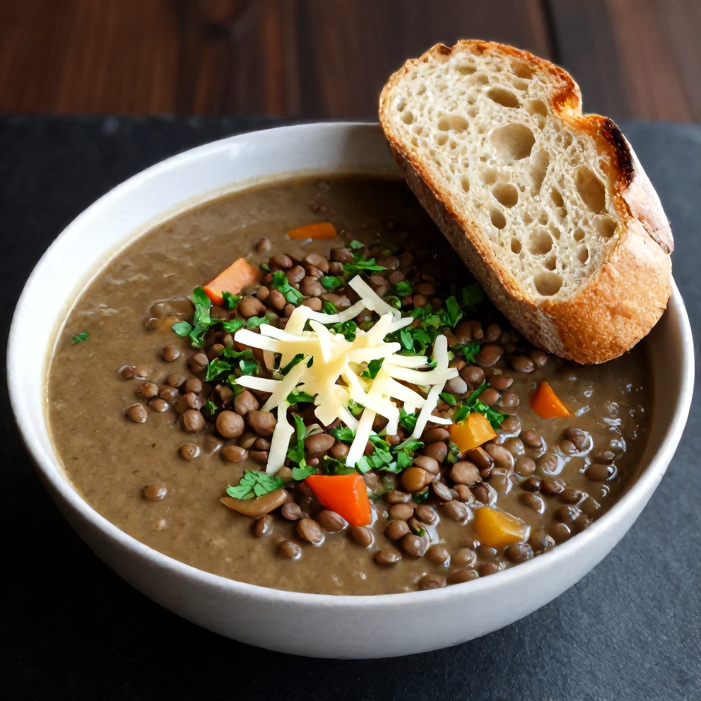 Bowl of lentil and vegetable soup with crusty bread