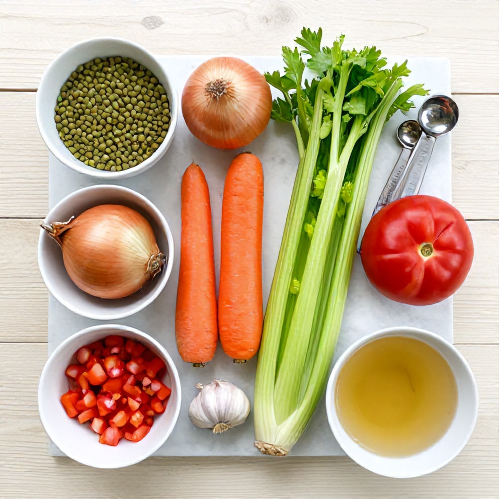 Raw ingredients for lentil and vegetable soup