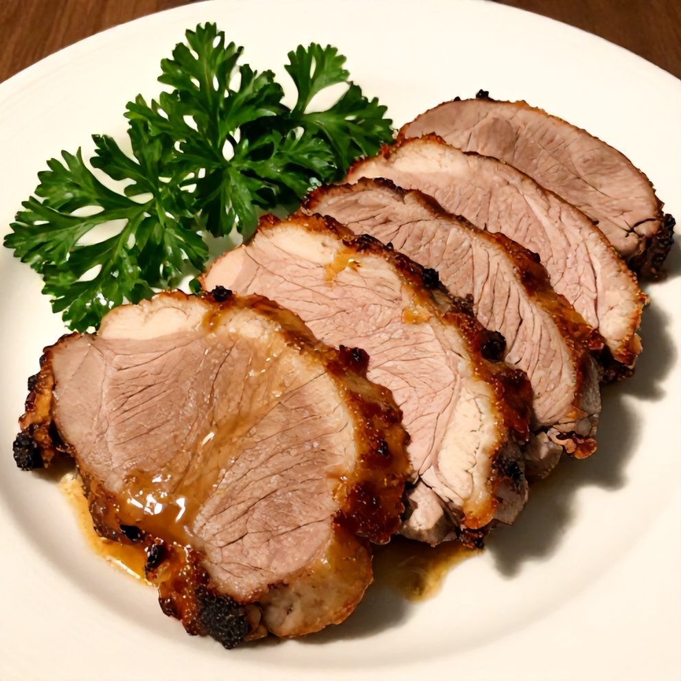 Plated Maple Dijon Pork Tenderloin with fresh herbs