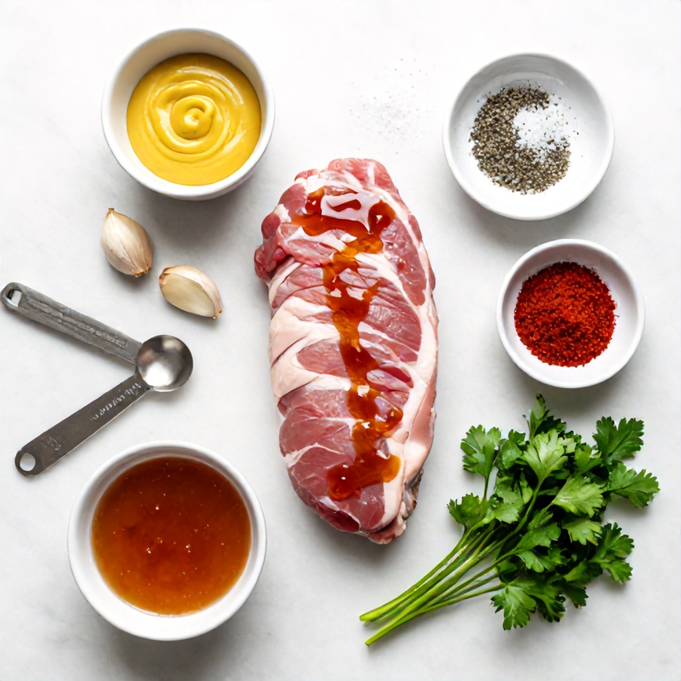 Ingredients for Maple Dijon Pork Tenderloin on a marble surface