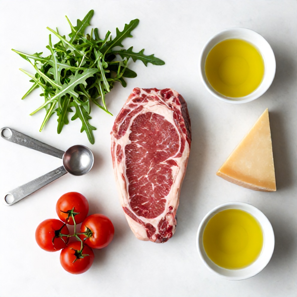 Overhead view of raw sirloin steak, fresh arugula, cherry tomatoes, Parmesan cheese, olive oil, balsamic vinegar with measuring spoons on white marble