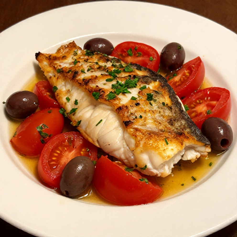 A plated serving of Mediterranean baked cod garnished with fresh parsley on white plate