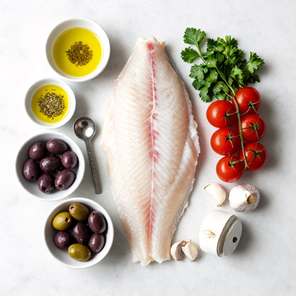 Raw cod fillets, cherry tomatoes, olives, garlic, fresh herbs arranged on a white marble surface with prep bowls