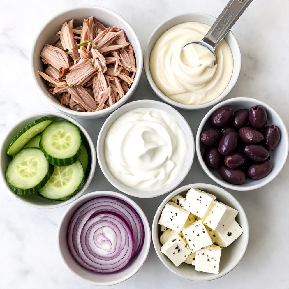 Raw ingredients for Mediterranean Tuna Salad