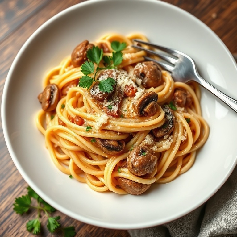 Plated easy mushroom ragu pasta in a white ceramic pasta bowl, garnished with fresh parsley and extra Parmesan, sauce glistening, fork resting at edge.