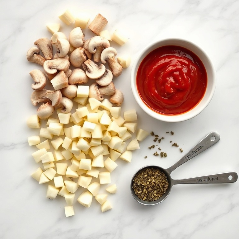 Overhead flat lay of cremini mushrooms, shallots, garlic cloves, tomato paste, and dried oregano arranged with small prep bowls and measuring spoons on white marble.