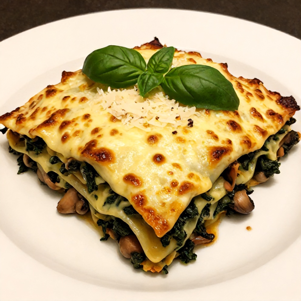 Mushroom Spinach Lasagna with garlic bread