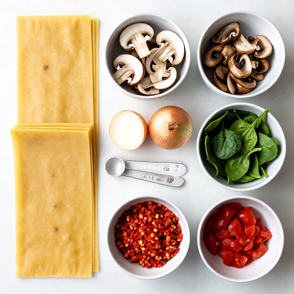 Raw ingredients for Mushroom Spinach Lasagna
