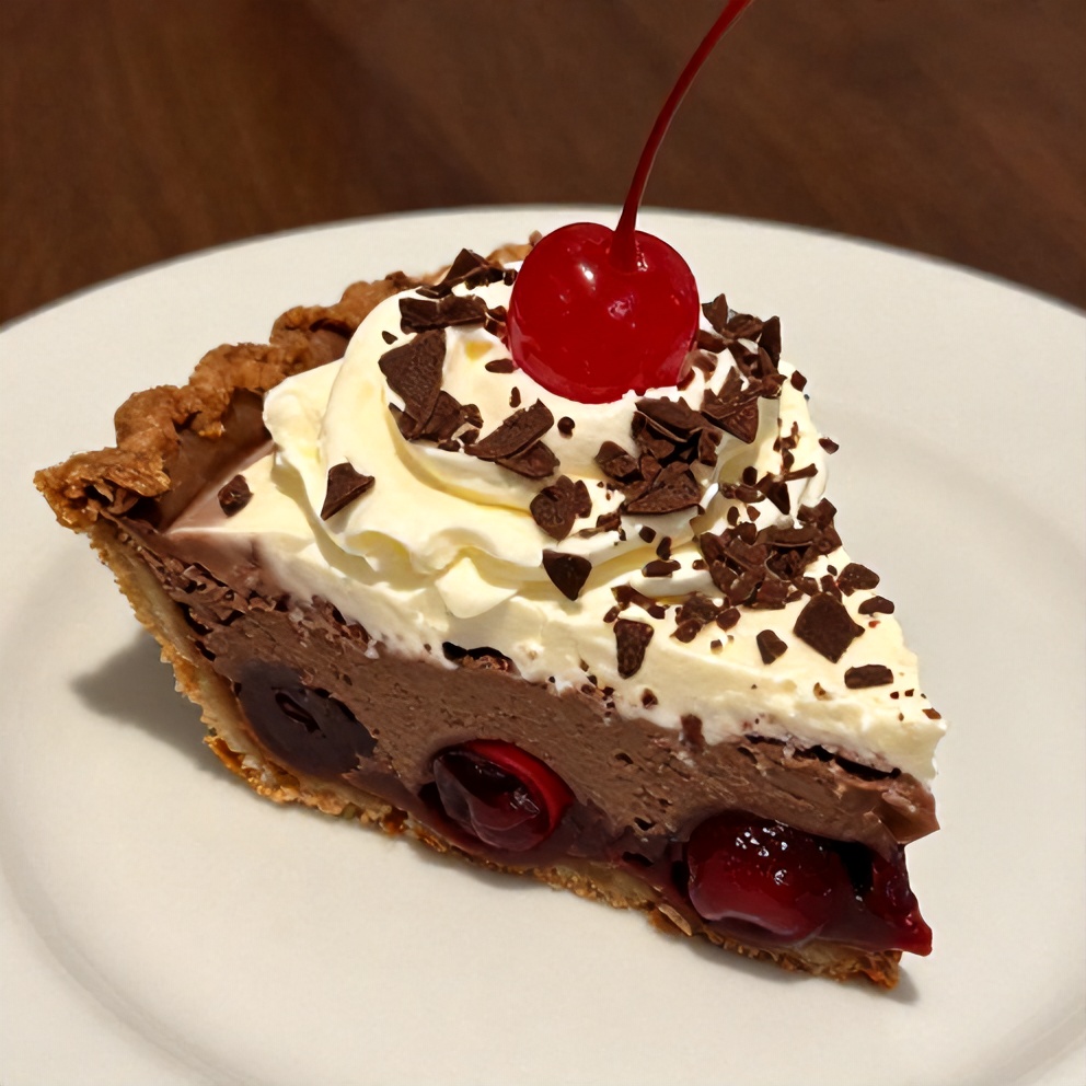 Sliced No-Bake Chocolate Cherry Cream Pie on a dessert plate