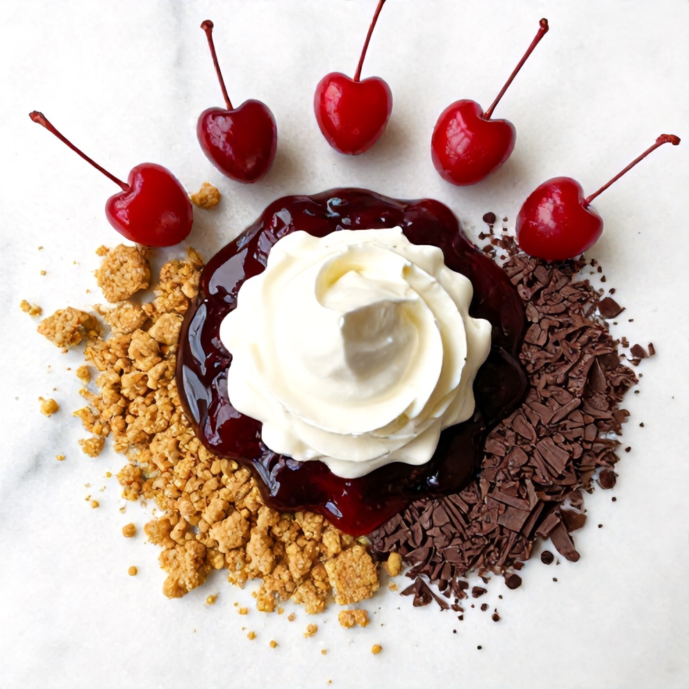 Raw ingredients for No-Bake Chocolate Cherry Cream Pie on a marble surface