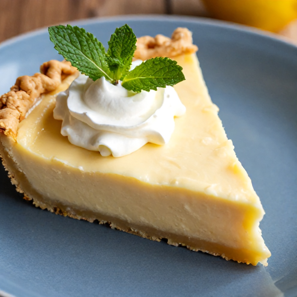 Sliced Easy No Bake Lemon Pie on a blue plate with a dollop of whipped cream