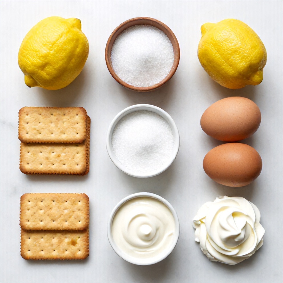 Graham crackers, lemon filling, whipped cream, and lemon slices on a marble surface