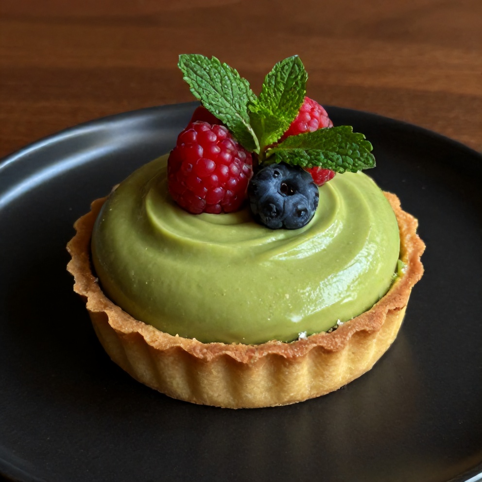 Sliced Matcha Coconut Cream Tart on a dark plate