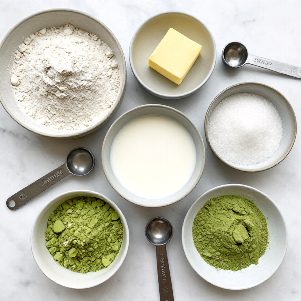 Raw ingredients for Matcha Coconut Cream Tart on a white marble surface