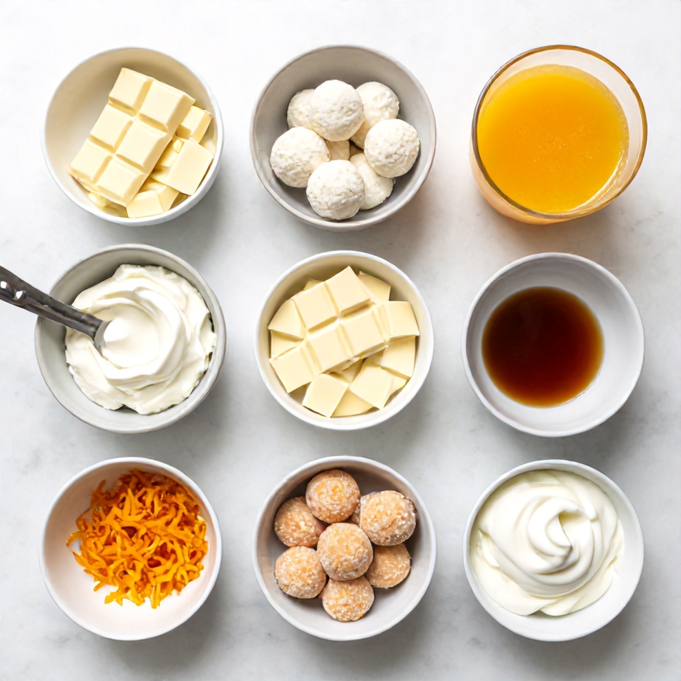 Ingredients for No Bake Orange Creamsicle Truffles laid out on a wooden surface