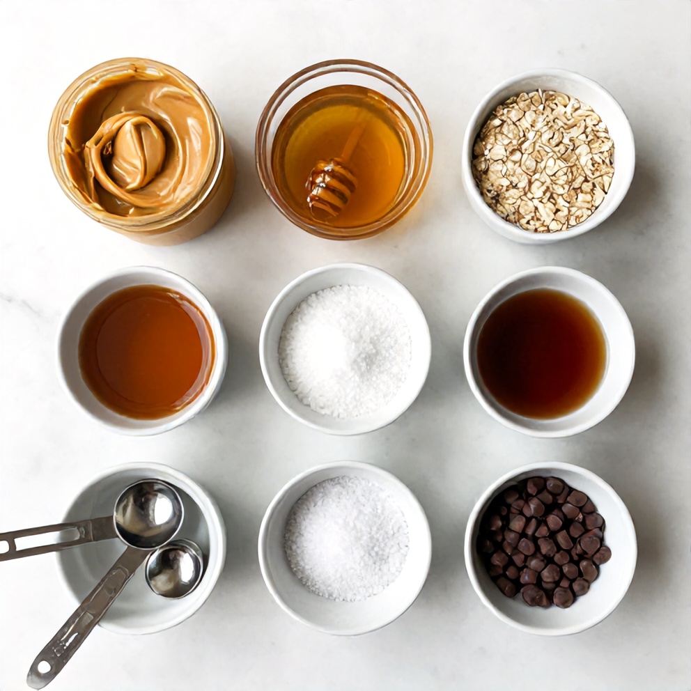 Ingredients for No-Bake Peanut Butter Oat Bars laid out