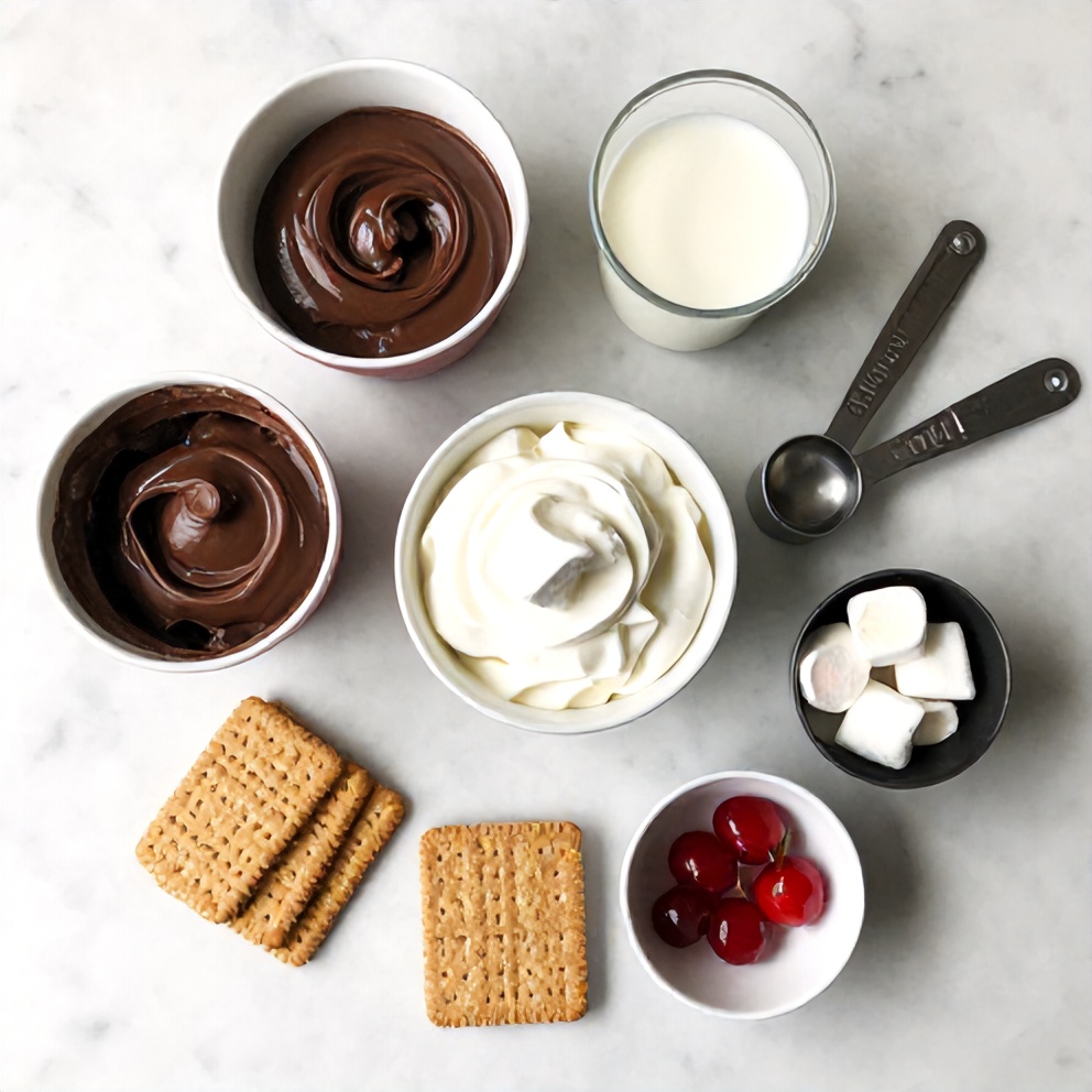 Graham crackers, chocolate pudding mix, milk, marshmallow creme, whipped cream, and maraschino cherries arranged on a marble countertop