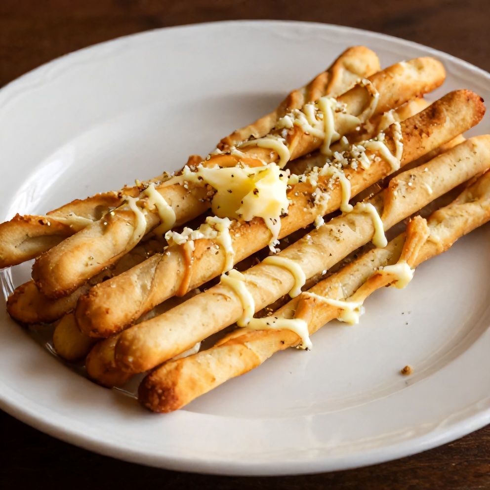 Plated serving of Olive Garden style breadsticks with garlic butter